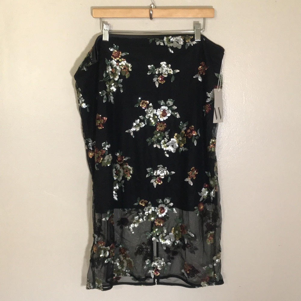 Worthington Women's 18 Pencil Skirt Black Floral Sequined Sheer Hem Midi NEW - Picture 4 of 11